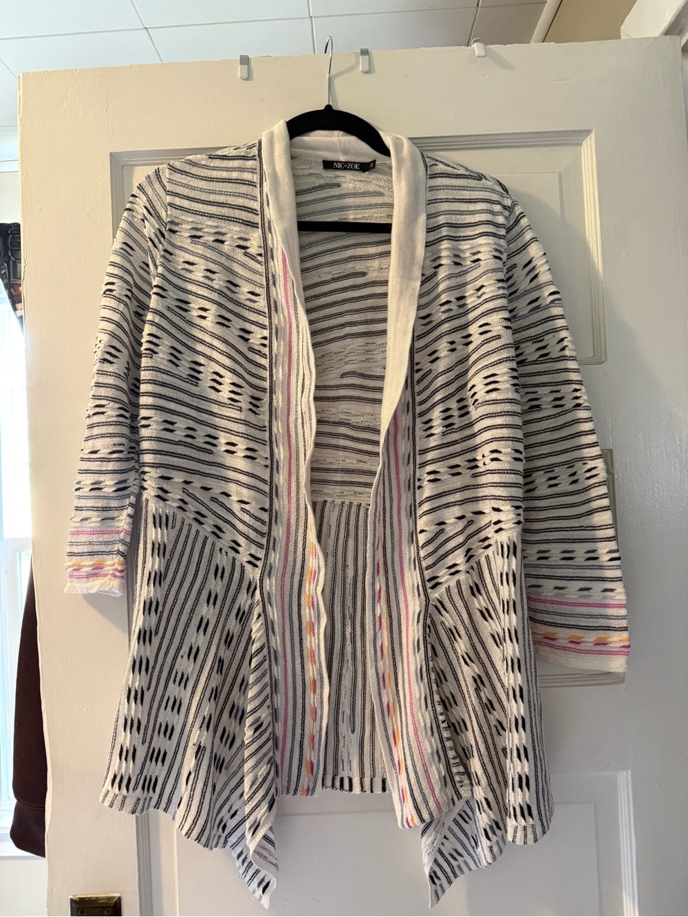 NIC+ZOE White and Black Striped Open-Front Cardigan with Pastel Accents